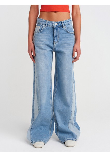 71800 Yan Bölümü Parçalı Geniş Denim Pantolon-Mavi fırsatları
