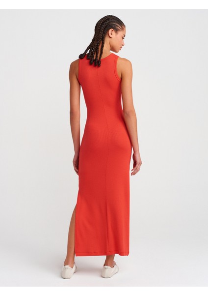 91381 Yırtmaç Detaylı Midi Boy Elbise-Kırmızı fiyatları
