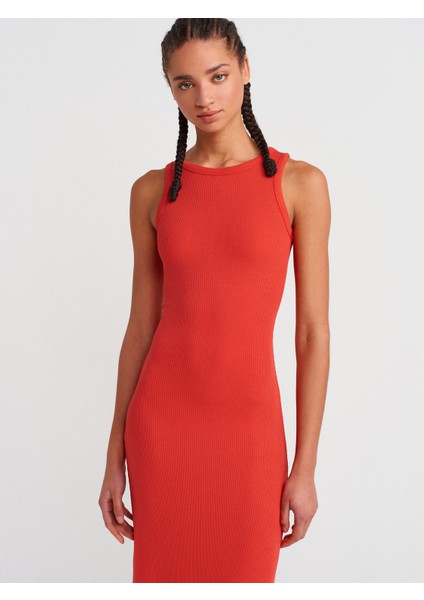 91381 Yırtmaç Detaylı Midi Boy Elbise-Kırmızı modelleri