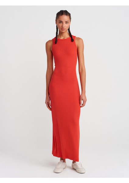 91381 Yırtmaç Detaylı Midi Boy Elbise-Kırmızı fırsatları