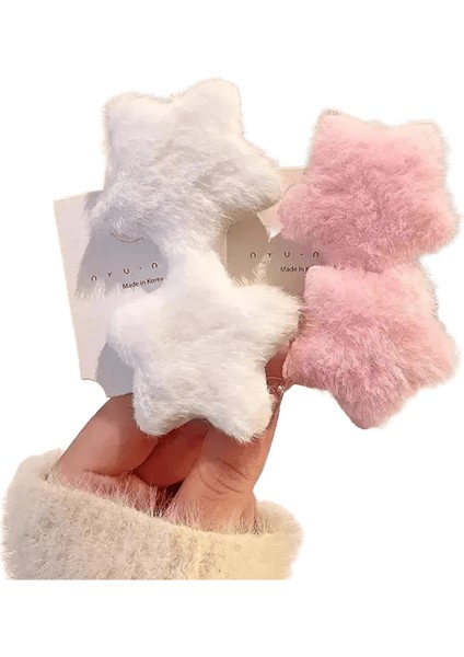 1/12PCS Kaık Yıldız Saç Tokaları Çocuk Kız Sevimli Tatlı Peluş Saç Klipleri Günlük Flört Yan Patlama Klipler Parti Moda Aksesuar Renk: Beyaz Pembe-4pcs (Yurt Dışından)