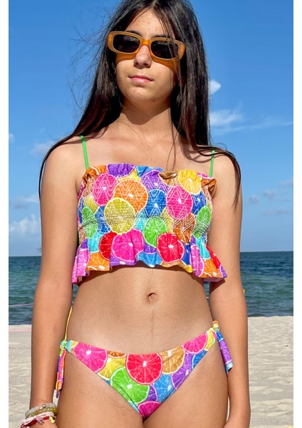 Askılı Renkli Portakal Desenli UV50 Kız Çocuk Bikini Takımı By Nessi Byrd fiyatları