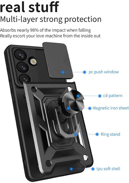 Samsung Galaxy S25 Plus Kılıf Kamera Korumalı Sürgülü Yüzüklü Armor Military Tank Zırh Kapak