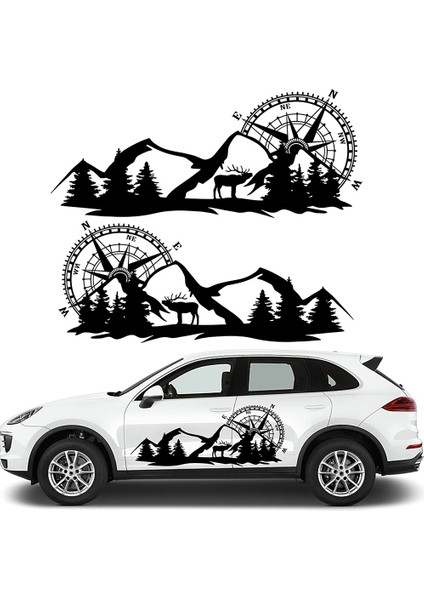 2x Gövde Sticker Çıkartması Büyük Pusula Navigasyon Dağ Geyiği ile Kamp Van Motorhome Siyah (Yurt Dışından) indirimleri