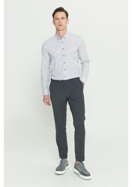 Slim Fit Dar Kesim Kırışmaz Kumaş Gofre Desenli Beli Lastikli Pantolon