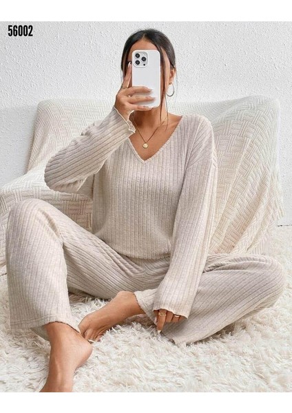 Pamuklu Kadın Pijama Takımı - Alt - Üst Pijama Takımı - Fitilli Kaşkorse Pijama Takımı