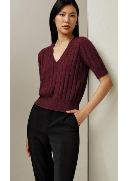 Bordo V Yaka Örgülü Kadın Triko Tişört MG2369