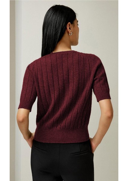 Bordo V Yaka Örgülü Kadın Triko Tişört MG2369 modelleri