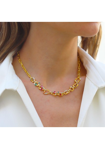 Renkli Taşlı Trend Zincir Gold Gümüş Kolye fiyatları