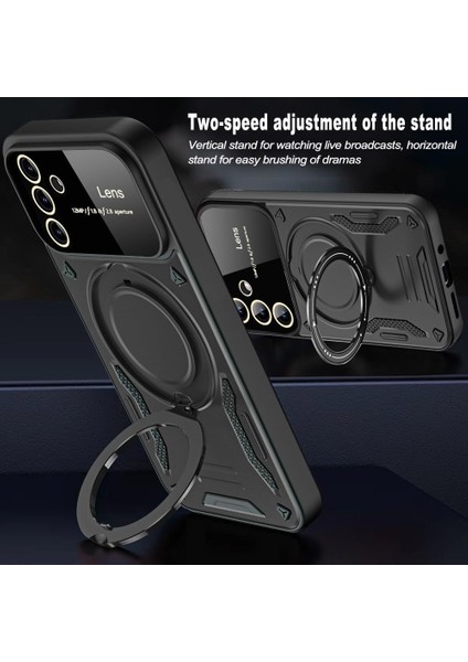 Samsung Galaxy A16 Kılıf Magsafe Dönebilen Halkalı Standlı Kamera Lens Korumalı Gold Detaylı Military Kapak