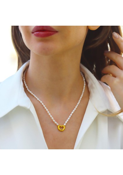 Kalp Gold Kaplama Gümüş Inci Kolye