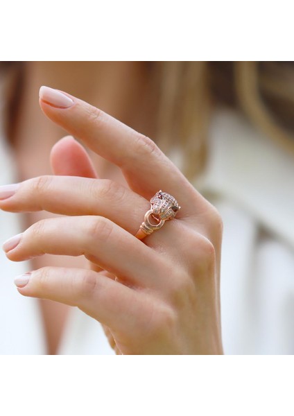 Kaplan Başlı Rose Gold Gümüş Yüzük