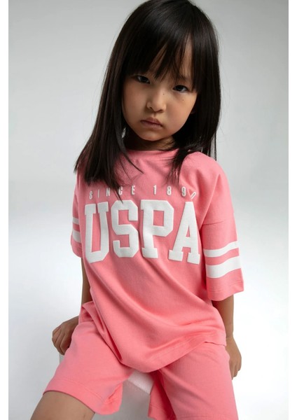 US2091 Neon Pembe Pamuklu Kız Çocuk Kısa Kollu Bermuda Takım