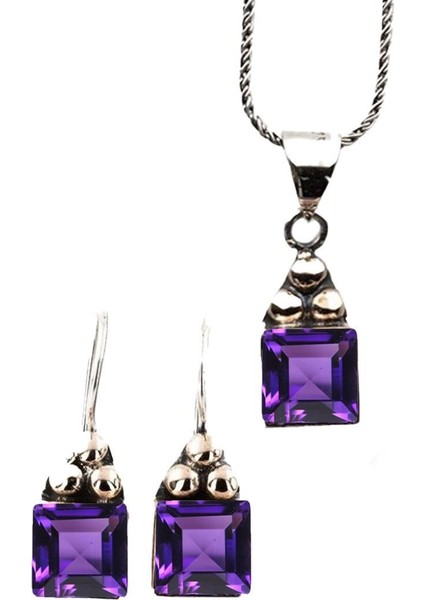 Ametist Taşlı Gümüş Otantik Kolye Küpe