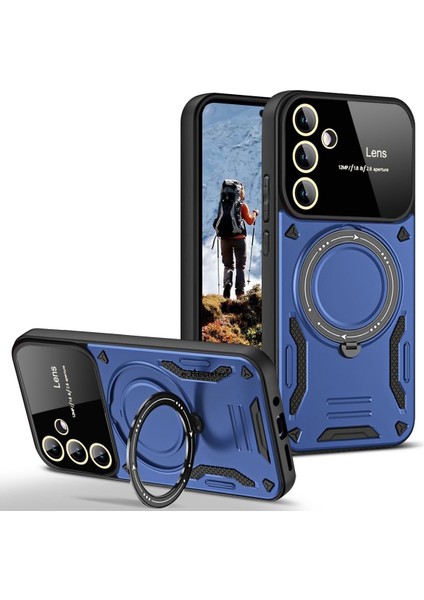 Samsung Galaxy A36 Kılıf Magsafe Dönebilen Halkalı Standlı Kamera Lens Korumalı Gold Detaylı Military Tank Kapak