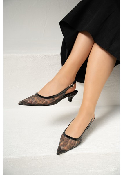 Front Siyah Şeffaf Leopar Desenli Kadın Topuklu Ayakkabı
