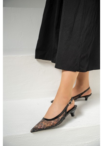 Front Siyah Şeffaf Leopar Desenli Kadın Topuklu Ayakkabı fiyatları