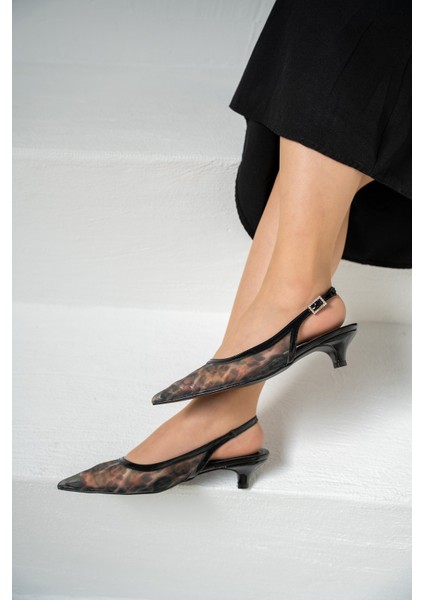 Front Siyah Şeffaf Leopar Desenli Kadın Topuklu Ayakkabı modelleri