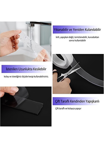 Çift Taraflı Nano Bant Montaj Çok Amaçlı Güçlü Yapıştırma Bandı Şeffaf 24 mm x 2 Metre Yıkanabilir