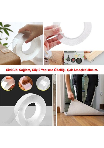 Çift Taraflı Nano Bant Montaj Çok Amaçlı Güçlü Yapıştırma Bandı Şeffaf 24 mm x 2 Metre Yıkanabilir