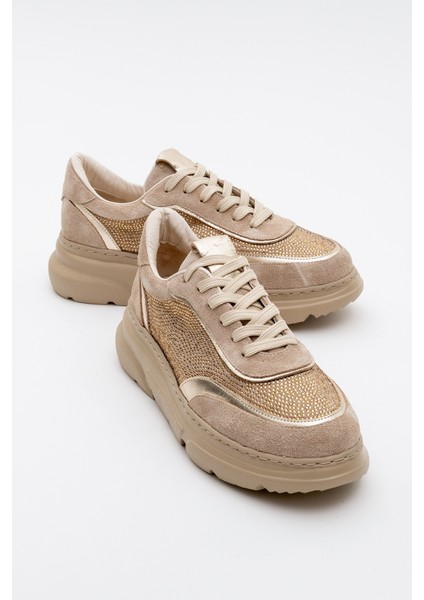 Pablo Bej Süet Altın Taşlı Deri Kalın Tabanlı Kadın Spor Ayakkabı
