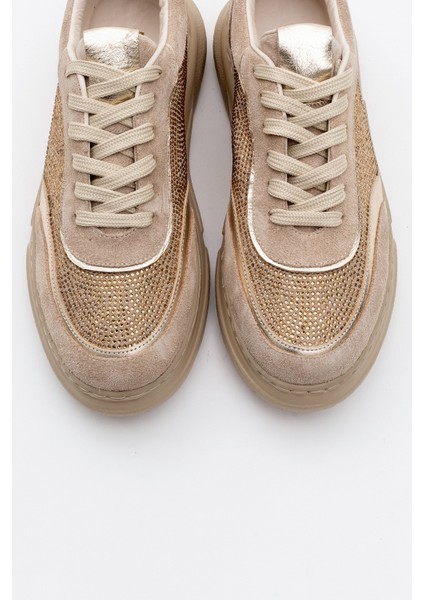 Pablo Bej Süet Altın Taşlı Deri Kalın Tabanlı Kadın Spor Ayakkabı fiyatları