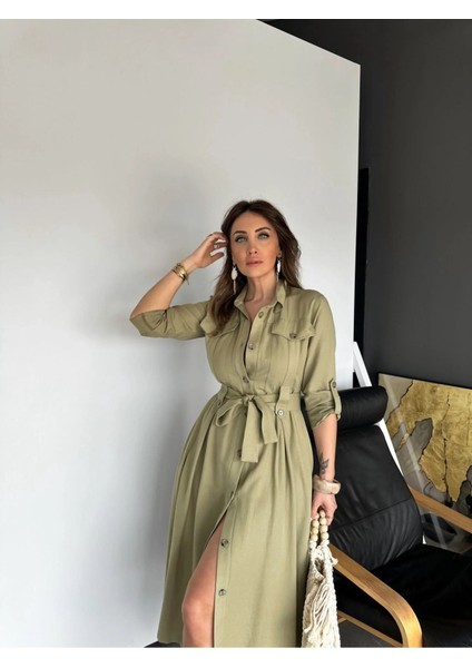 Egzotik Asortik Kadın Kolları Manşetli Full Düğmeli Safari Gömlek Elbise indirimleri