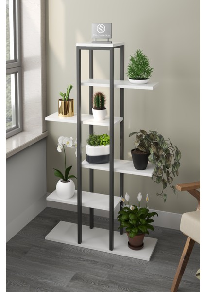 Zigzag Tasarımlı 4 Raflı Dekoratif Çiçeklik 150cm Beyaz
