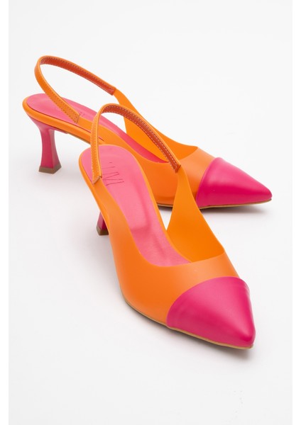 Moore Turuncu Fuşya Şeffaf Arkası Açık Sivri Burun Kadın Topuklu Ayakkabı