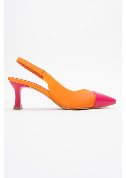 Moore Turuncu Fuşya Şeffaf Arkası Açık Sivri Burun Kadın Topuklu Ayakkabı indirimleri