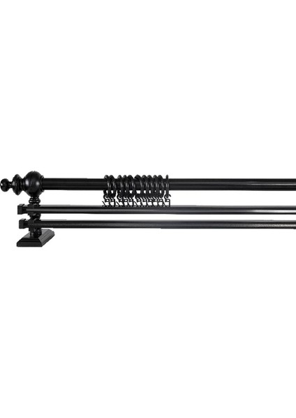 Siyah 100 cm Çiftraylı Rustik Perde Askı Seti (Ahşap Başlık ile Aluminyum Boru ve Ray)