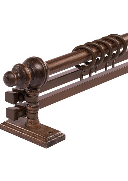 Ceviz 225 cm Çiftraylı Rustik Perde Askı Seti (Ahşap Başlık ile Aluminyum Boru ve Ray)