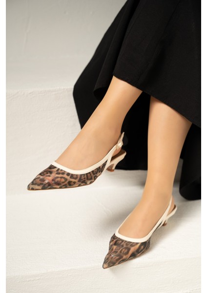 Front Ekru Şeffaf Leopar Desenli Kadın Topuklu Ayakkabı