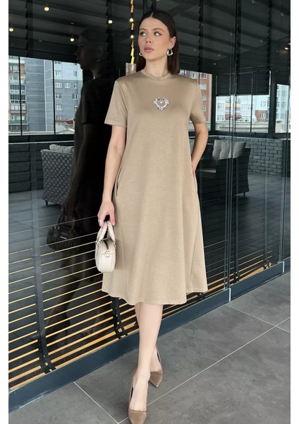 Bisiklet Yaka Taş Detaylı Cepli Kadın Kısa Kol Elbise P-00015797