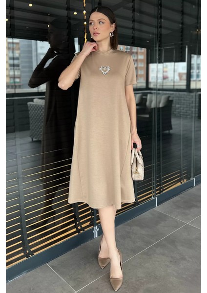 Bisiklet Yaka Taş Detaylı Cepli Kadın Kısa Kol Elbise P-00015797 fiyatları