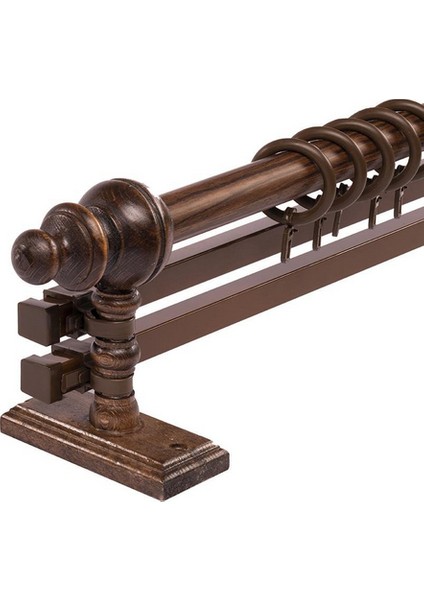 Ceviz 150 cm Çiftraylı Rustik Perde Askı Seti (Ahşap Başlık ile Aluminyum Boru ve Ray)