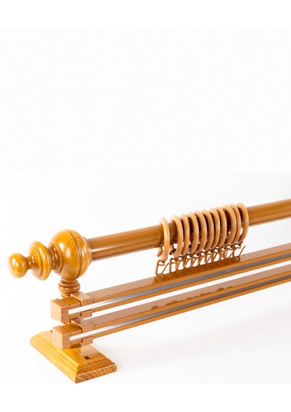 Meşe 200 cm Çiftraylı Rustik Perde Askı Seti (Ahşap Başlık ile Aluminyum Boru ve Ray)