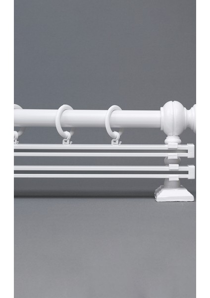 Beyaz 125 cm Çiftraylı Rustik Perde Askı Seti (Ahşap Başlık ile Aluminyum Boru ve Ray)