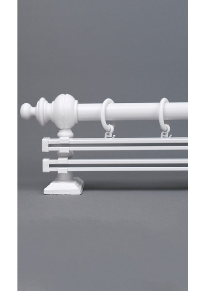 Beyaz 125 cm Çiftraylı Rustik Perde Askı Seti (Ahşap Başlık ile Aluminyum Boru ve Ray)