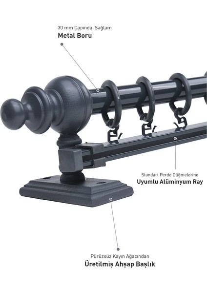 Antrasit 275 cm Tekraylı Rustik Perde Askı Seti (Ahşap Başlık ile Aluminyum Boru ve Ray) fiyatları