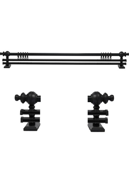 Siyah 300 cm Çiftraylı Rustik Perde Askı Seti (Ahşap Başlık ile Aluminyum Boru ve Ray)