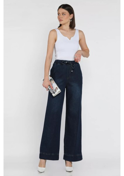Bel Lastikli Bol Paça Jean Kot Pantolon