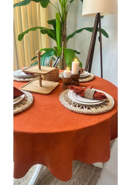 Kadife Dokulu Dertsiz Leke Tutmaz Kiremit Rengi Yuvarlak Masa Örtsü