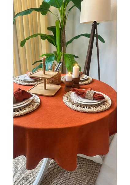 Kadife Dokulu Dertsiz Leke Tutmaz Kiremit Rengi Yuvarlak Masa Örtsü modelleri