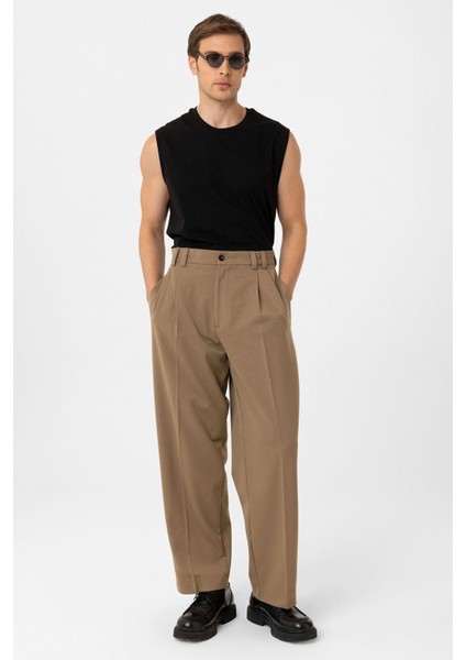 Camel Yüksel Bel Relax Fit Pileli Erkek Pantolon