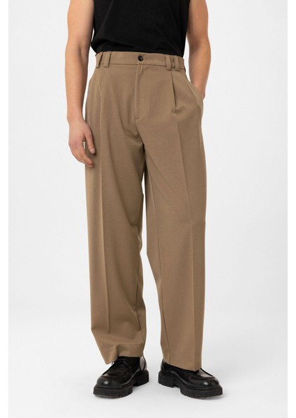 Camel Yüksel Bel Relax Fit Pileli Erkek Pantolon