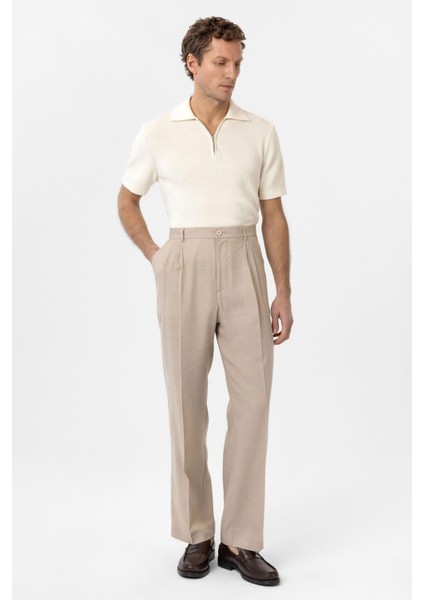 Bej Keten Karışımlı Erkek Baggy Pantolon fiyatları
