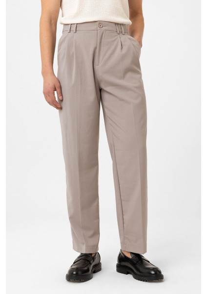 Bej Çift Pileli Baggy Fit Erkek Pantolon