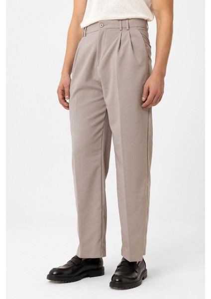 Bej Çift Pileli Baggy Fit Erkek Pantolon