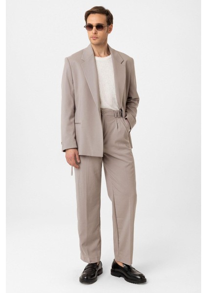 Bej Çift Pileli Baggy Fit Erkek Pantolon
